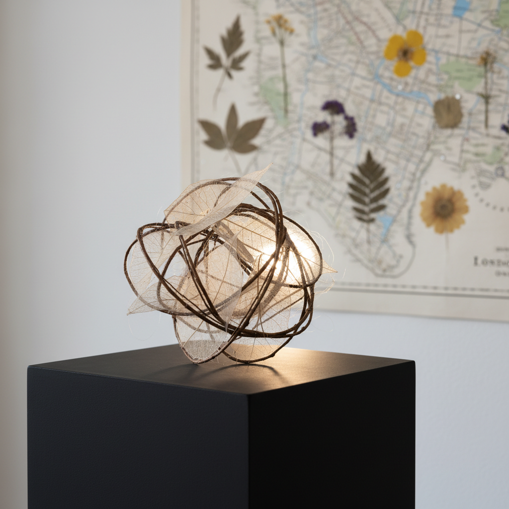 A close-up photographic portrait of a small, intricate sculpture made from intertwined willow twigs, translucent dried leaves, and threads of hand-spun plant fiber, standing on a minimalist matte-black plinth. Behind it, an out-of-focus backdrop reveals hints of a white-walled studio and a large map of London, Ontario, pinned with dried plant samples. Gentle north-facing studio light evenly bathes the sculpture, revealing the fine veins in the leaves and the subtle sheen of the fibers, while a faint rim light from the right defines its silhouette. Shot at eye level with shallow depth of field and asymmetrical framing, the mood is sophisticated, serene, and quietly experimental, emphasizing photographic realism and refined organic detail.