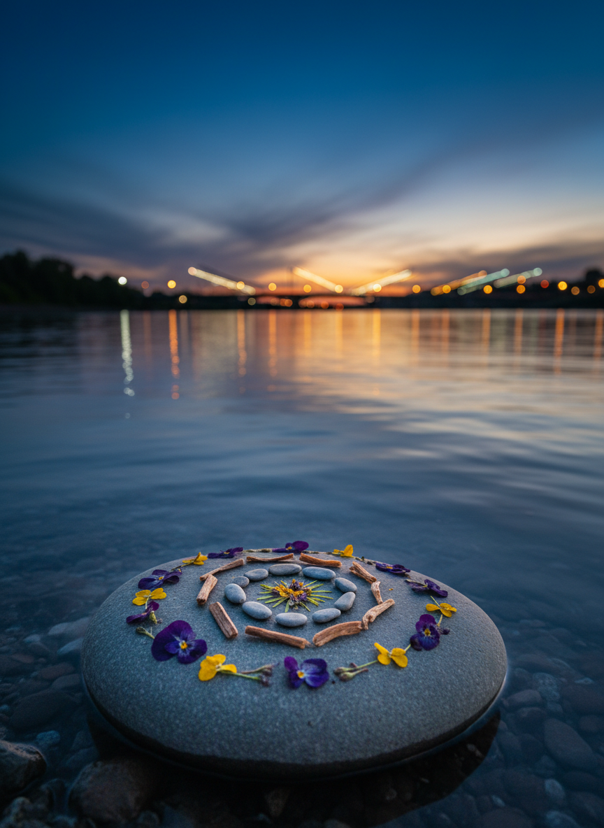 An evening riverside scene along the Thames River in London, Ontario, featuring a carefully constructed ephemeral artwork on a smooth stone: layered rings of tiny pebbles, pressed wildflowers, and thin strips of bark forming a delicate halo pattern. The stone rests at the edge where water meets shore, with blurred reflections of bridge lights shimmering in the background. Soft, blue-hour ambient light mingles with warm, distant city glow, creating a subtle contrast between natural forms and urban presence. Captured from a low angle, the stone in crisp focus and the river gently blurred, the photographic image feels contemplative, place-specific, and sophisticated, suggesting quiet dialogue between the artist’s work and the surrounding landscape.