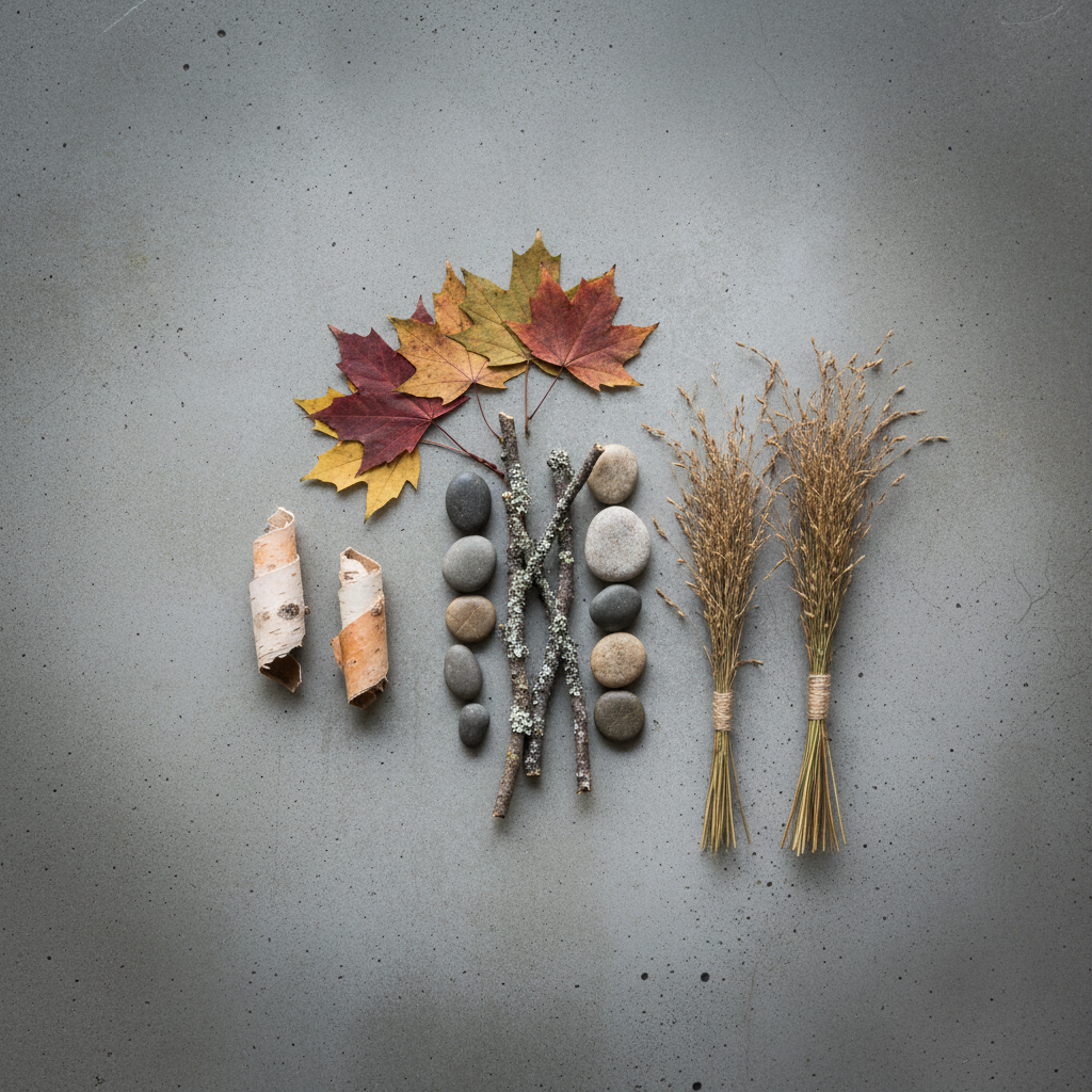 A meticulously arranged flat lay of natural art materials gathered from an urban woodland in London, Ontario: lichen-dusted twigs, smooth river stones, pressed maple leaves in muted reds and ochres, pale birch bark scrolls, and small bundles of dried wild grasses tied with linen thread. All rest on a cool grey, subtly textured concrete surface that hints at city architecture. Soft, diffused overcast light from the top of the frame gently illuminates the scene, creating refined shadows and revealing delicate textures. Photographic realism at an eye-level overhead angle, with a shallow depth of field softening the edges, evokes a sophisticated, contemplative mood and a quiet dialogue between nature and place-focused art-making.