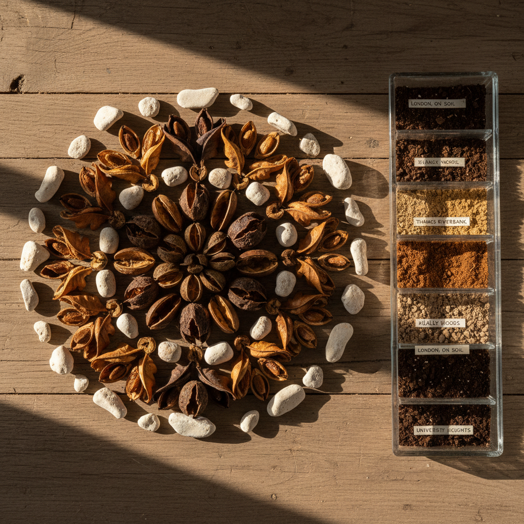 A single, elegantly composed nature assemblage laid out on a weathered wooden tabletop: a circular arrangement of locally foraged seed pods, curled oak leaves, and fragments of eggshell-white stone, forming a refined mandala. A narrow, rectangular glass dish nearby holds carefully labeled samples of London, Ontario soil in subtly different earth tones. Late afternoon window light falls from the left, casting long, graceful shadows and warm highlights along the subtle grain of the wood. Photographic realism with a centered, slightly elevated composition and crisp focus throughout, creating a calm, gallery-like atmosphere that feels both scientific and poetic, emphasizing the sophistication of place-based nature art.